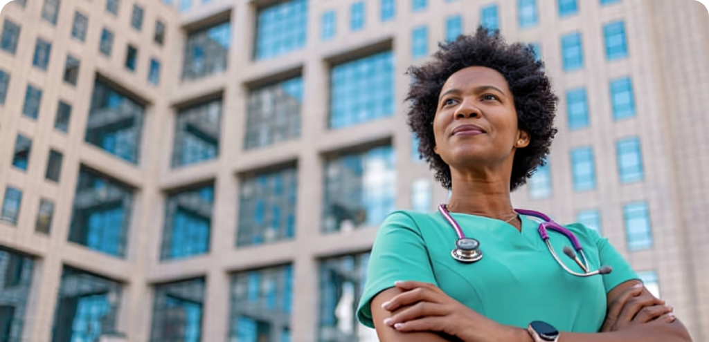 A Ghanaian doctor standing confidently in front of a hospital building